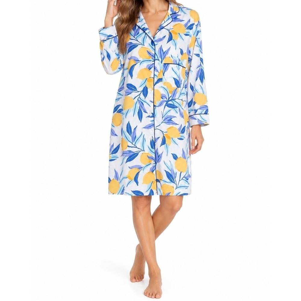 Printfresh Lemon Print Sleep Shirt Blue Yellow Cotton Nightgown Pajama L